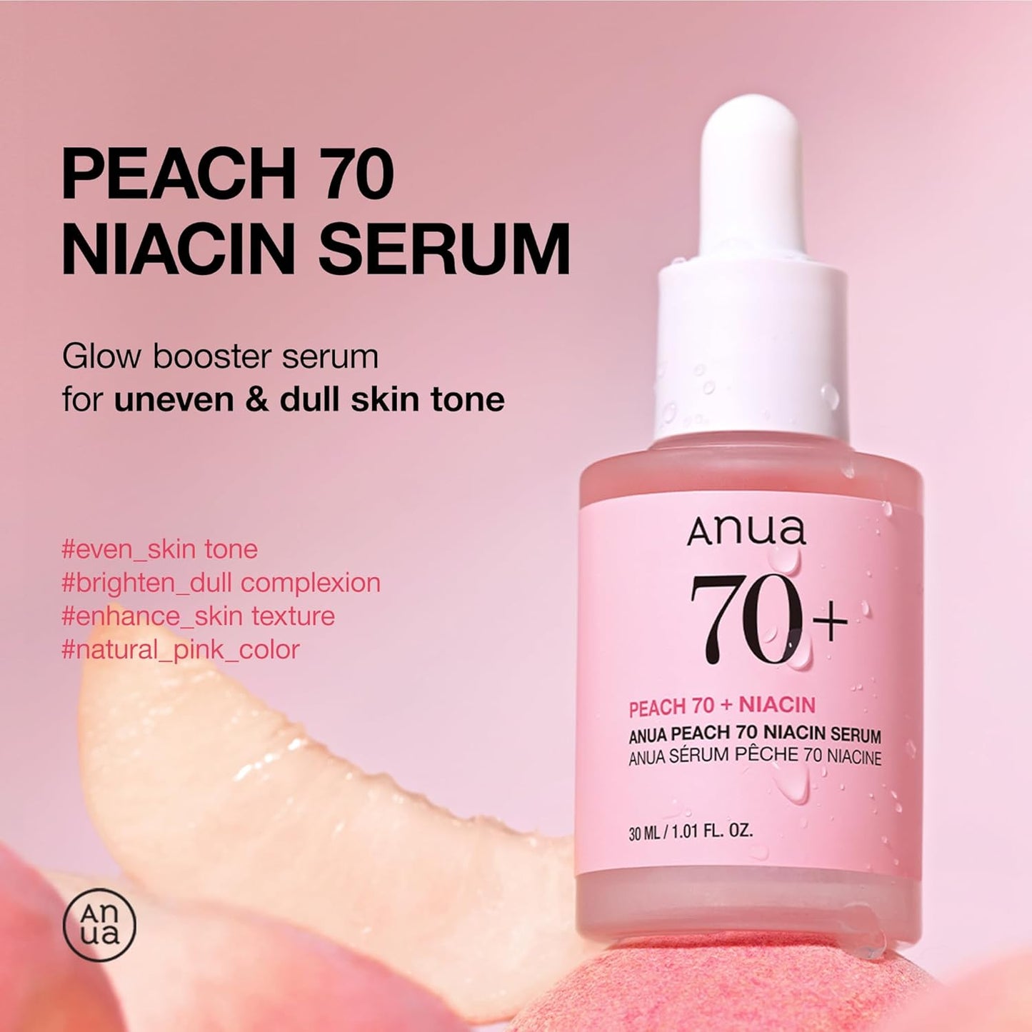 ANUA Peach 70 Niacinamide Serum, Lightweight Hydration for Dry Skin, Vitamin B12, Hyaluronic Acid, Glass Skin, Dewy Finish, Natural Pink Color, Korean Skin Care, 30ml/1.01 fl.oz