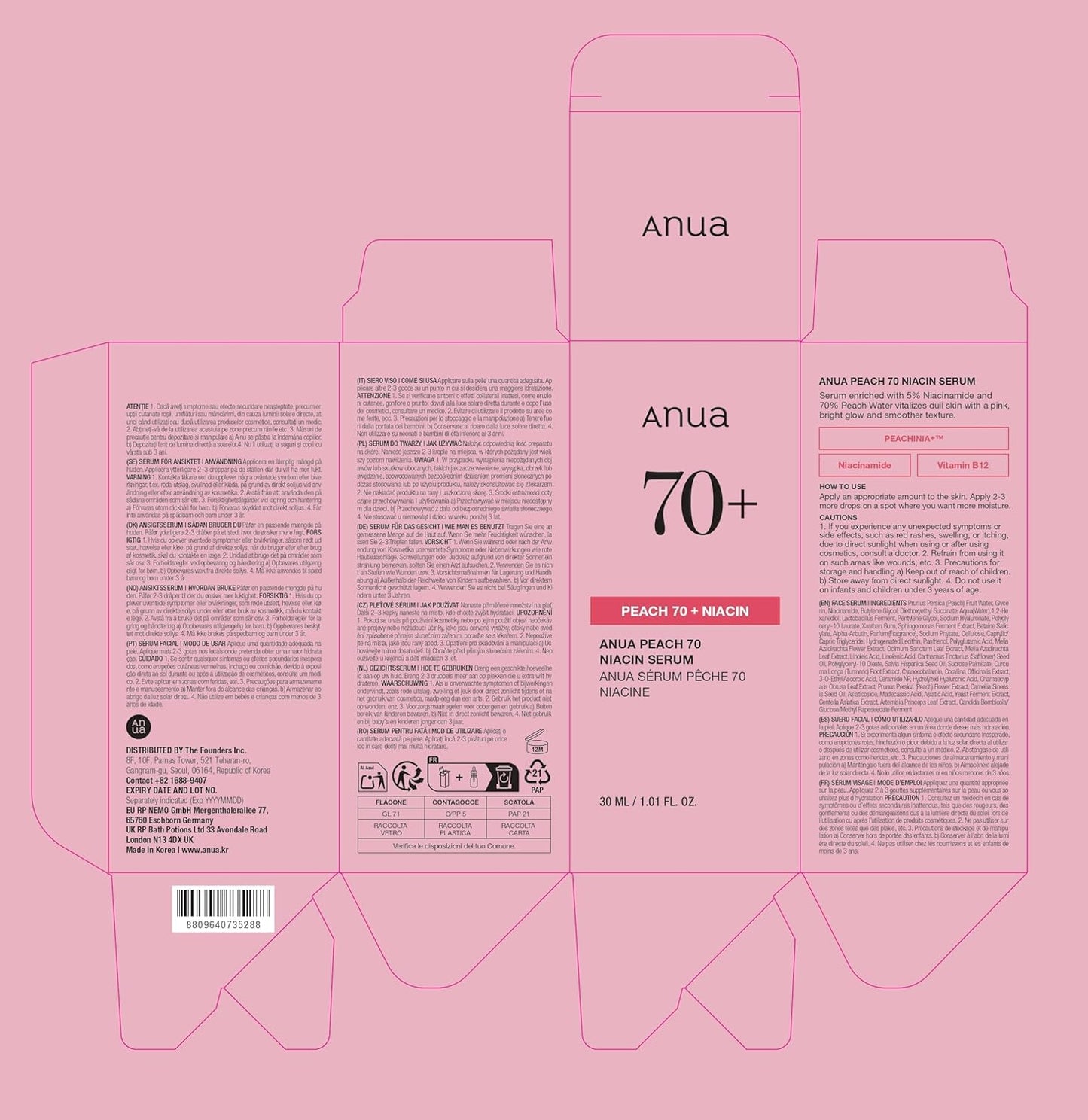 ANUA Peach 70 Niacinamide Serum, Lightweight Hydration for Dry Skin, Vitamin B12, Hyaluronic Acid, Glass Skin, Dewy Finish, Natural Pink Color, Korean Skin Care, 30ml/1.01 fl.oz