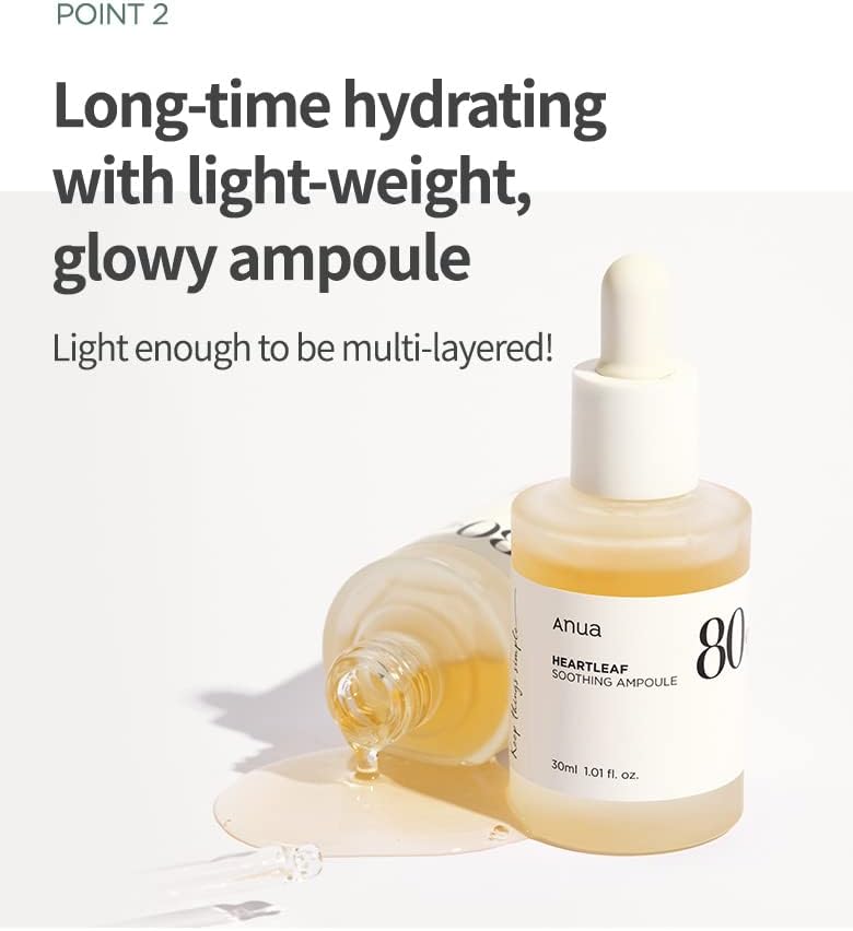 Anua Heartleaf 80 Soothing Ampoule 30ml / 1.01 fl.oz. I non-greasy, highly concentrated skin calm serum hydrating panthenol B5 calming treatment essence for combination, sensitive, normal skin, Korea